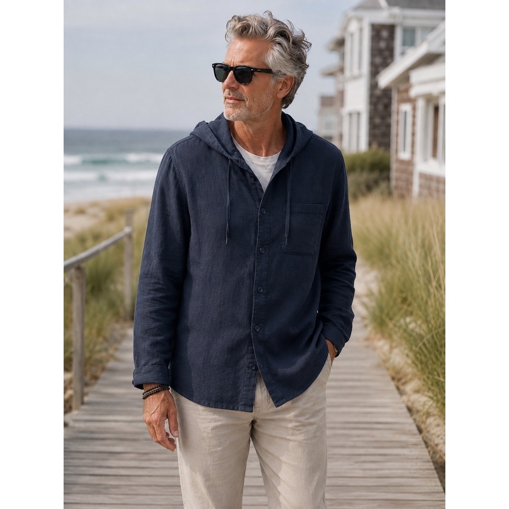 Caribbean Joe Mens XL 100% Linen Hooded Shirt Jacket Navy Blue Coastal Resort